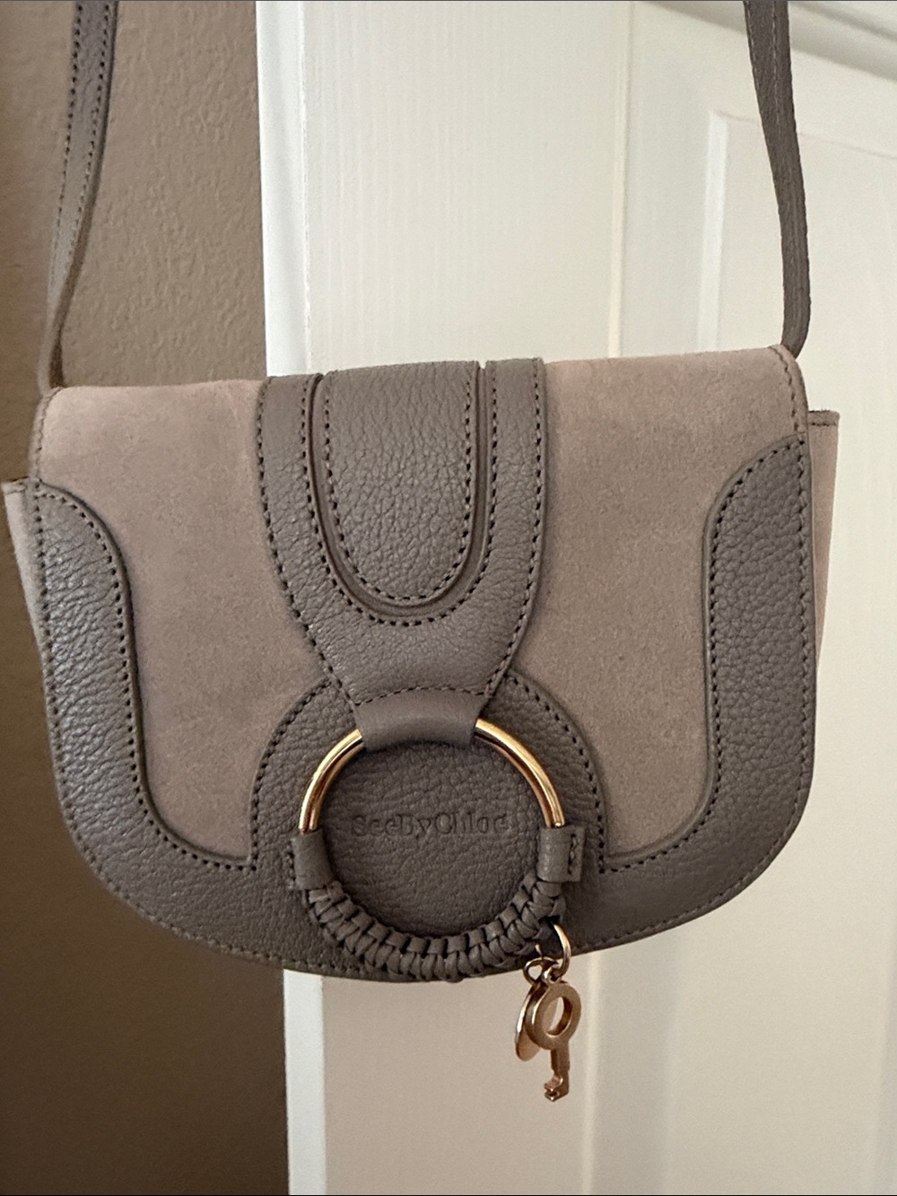 See By Chloe Taupe Suede & Leather Crossbody with Gold Ring Charm